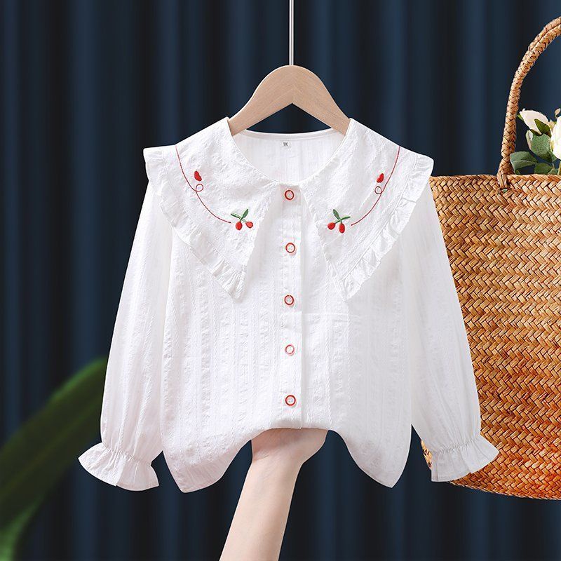 Áo Sơ Mi Tay Dài Màu Trắng Chất Liệu Cotton Thời Trang Xinh Xắn Cho Bé Gái