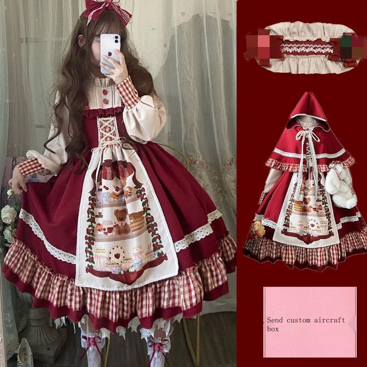 Hàng Có Sẵn! Hàng Có Sẵn!Lolita skirt berry girl op retro little red riding hood cloak long-sleeved japanese dress