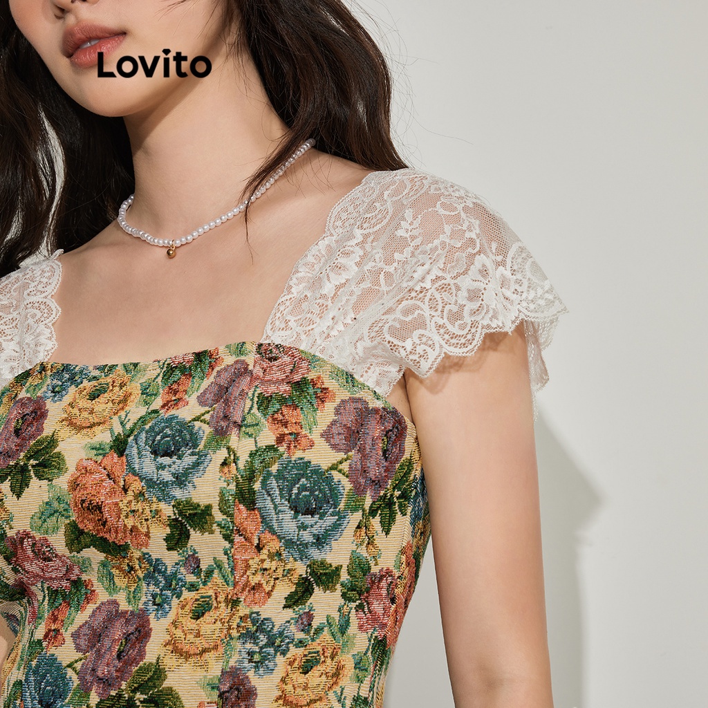 Áo kiểu LOVITO khóa kéo phối ren họa tiết hoa phong cách vintage thanh lịch cho nữ L45ED082 (nhiều màu sắc)