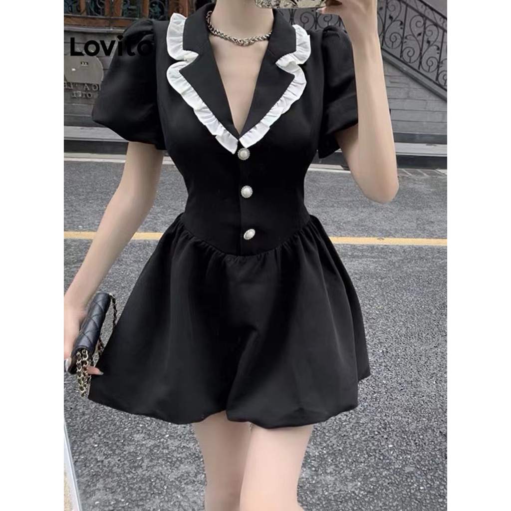 Đầm Lovito màu trơn phối nút dễ thương cho nữ L45AD043 (màu đen)