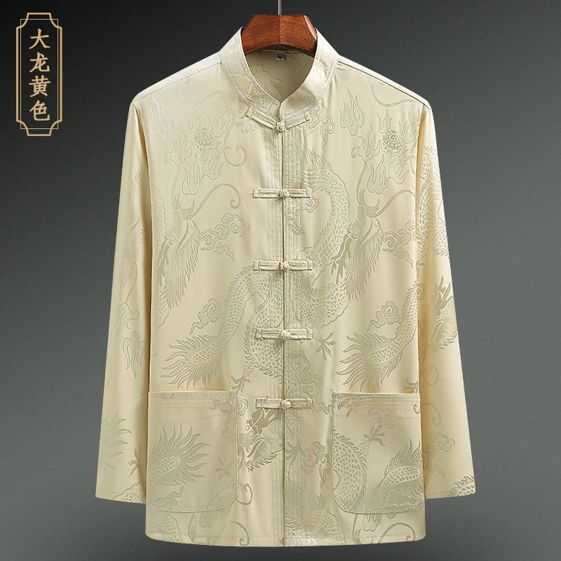 Áo Sơ Mi Tay Dài Cổ Đứng Form Rộng Phối Túi Phong Cách Retro Trung Hoa Cho Nam