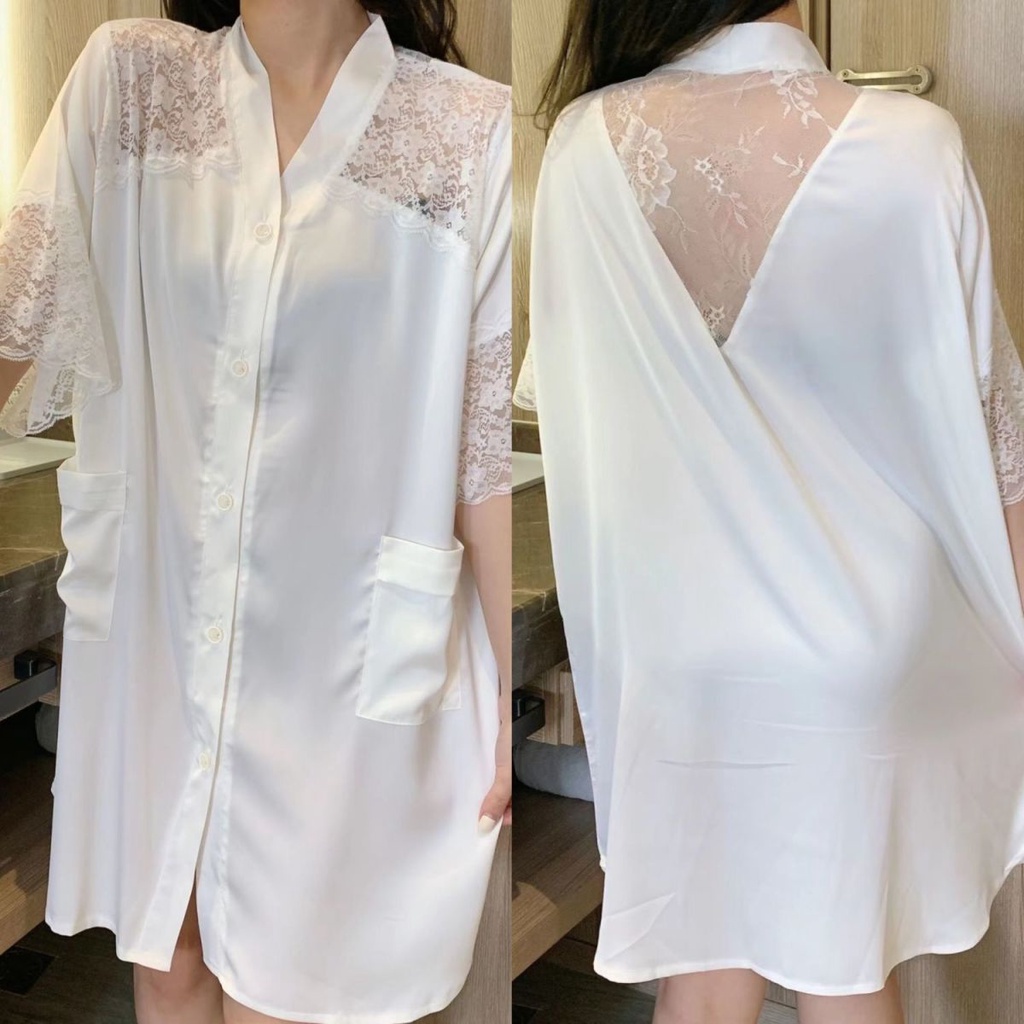 Hàng Mới Về Đầm Ngủ Lụa Tuyết Dáng Ngắn Trễ Vai Màu Trắng Trơn Phong Cách Mới Chất Lượng Cao Mùa Hè @ -