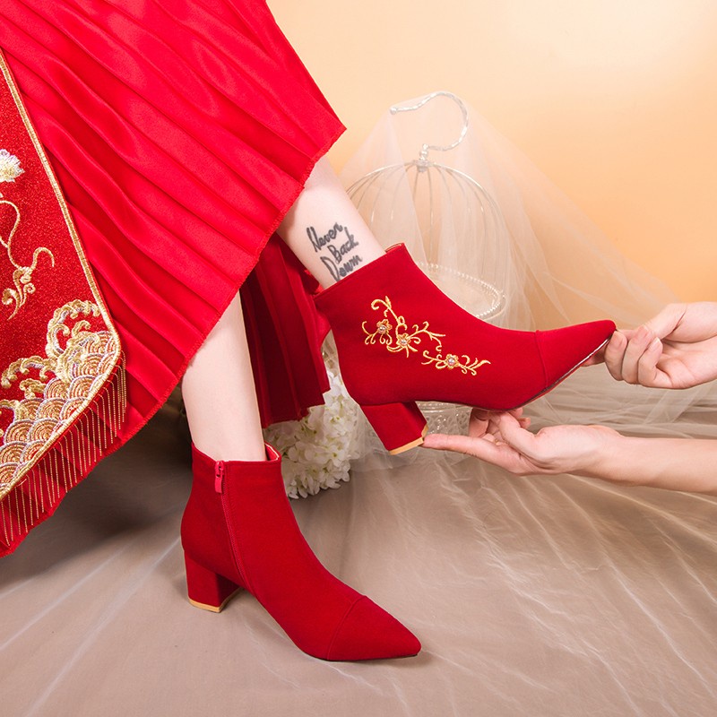 Xxjcl Giày Bốt Cao Gót Nhung Đỏ Dành Cho Cô Dâu Ngày Cưới