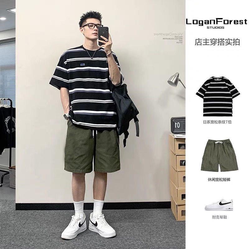Bộ đồ nam phong cách Hồng Kông M-3XL quần âu thời thượng quần ngắn tay áo thun cotton quần 5 tấc dây rút ins dễ phối rộng rãi