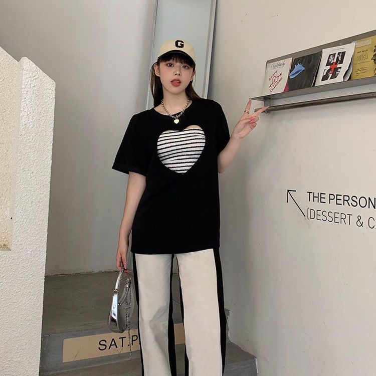 Áo Thun Dáng Rộng Họa Tiết Hình Trái Tim Đáng Yêu Có Size Từ 100-150Kg Thời Trang Dành Cho Nữ