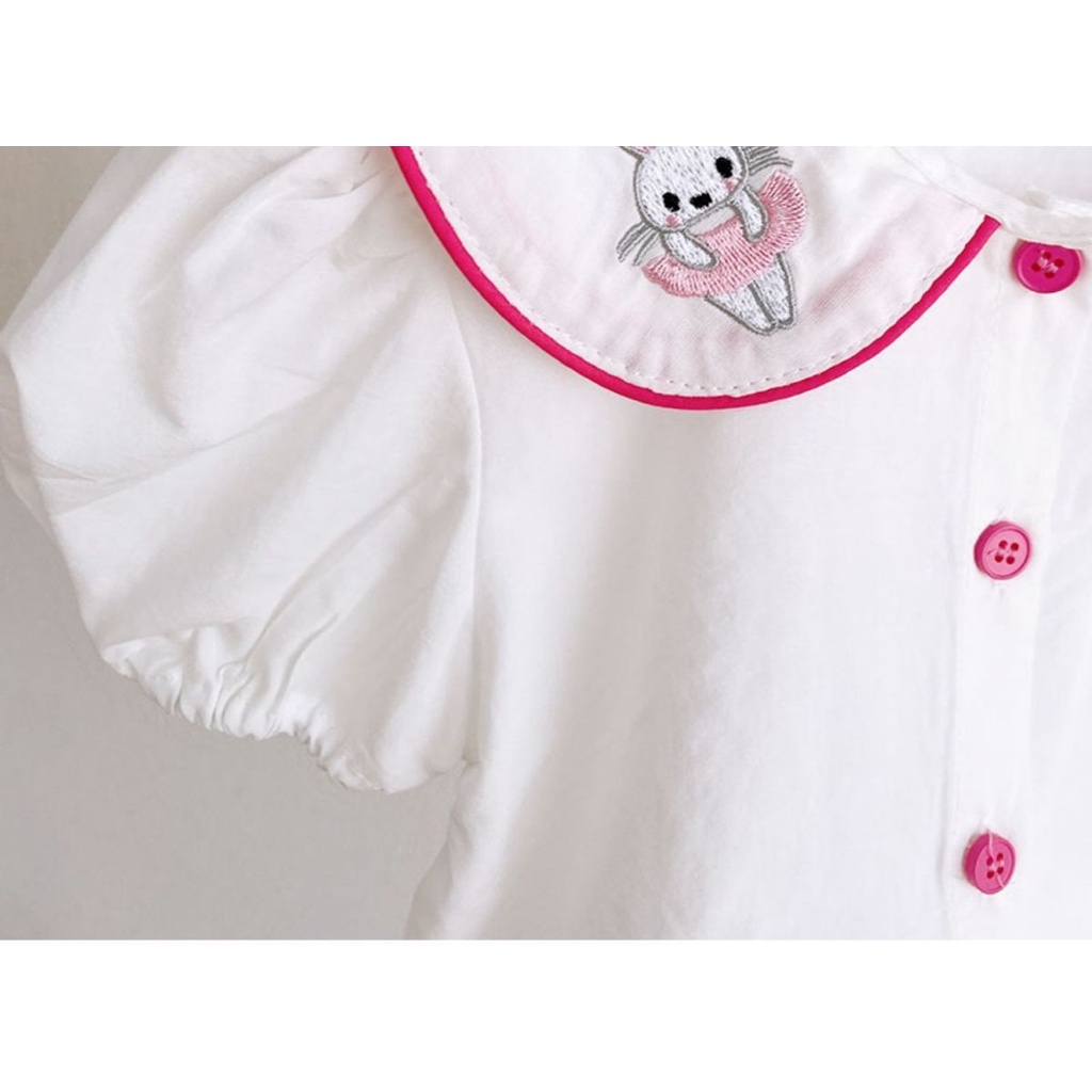 Áo Sơ Mi Cotton Tay Ngắn Cổ Búp Bê Thêu Họa Tiết Hoạt Hình Dễ Thương Phong Cách Hàn Quốc Cho Bé Gái