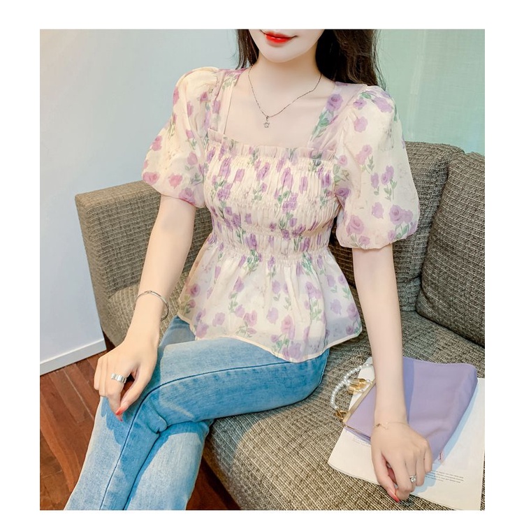Áo Sơ Mi Chiffon Cổ Vuông Tay Phồng In Họa Tiết Hoa Thời Trang Mùa Hè Cho Nữ