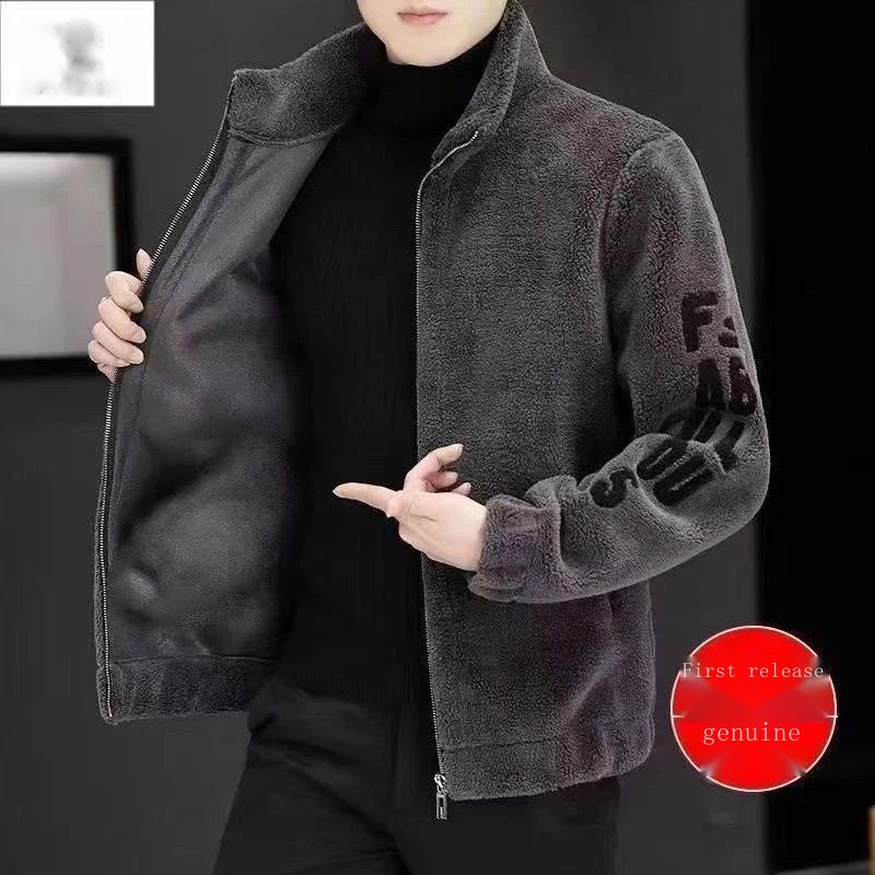 Áo Khoác Lông Cừu Cổ Đứng Thêu Họa Tiết Thời Trang Thu Đông Cho Nam