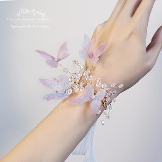 Vòng đeo tay cô dâu đính pha lê hình hoa bướm màu hồng / xanh dương lấp lánh