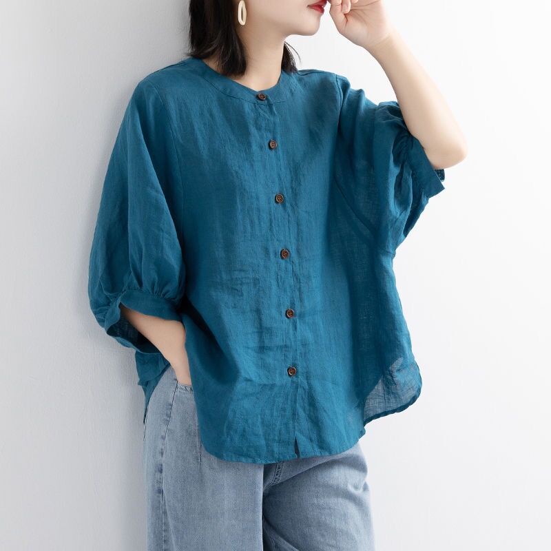 Áo Sơ Mi Vải Lanh Cotton Tay Lửng Dáng Rộng Phong Cách Nghệ Thuật Cổ Điển Thời Trang Mùa Hè Kiểu Mới Dành Cho Bạn Nữ