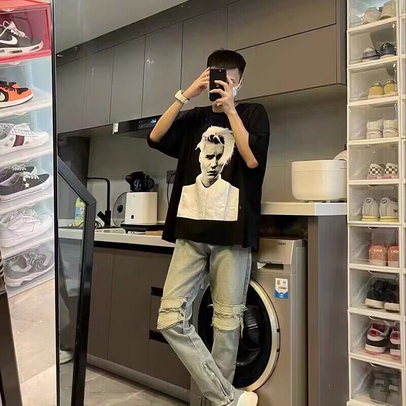 Áo Thun Cotton Cổ Tròn Tay Lỡ In Hình Justin Bieber Phong Cách Âu Mỹ Cho Nam