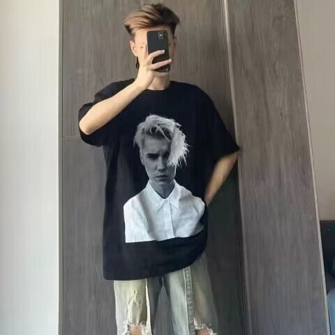 Áo Thun Cotton Cổ Tròn Tay Lỡ In Hình Justin Bieber Phong Cách Âu Mỹ Cho Nam