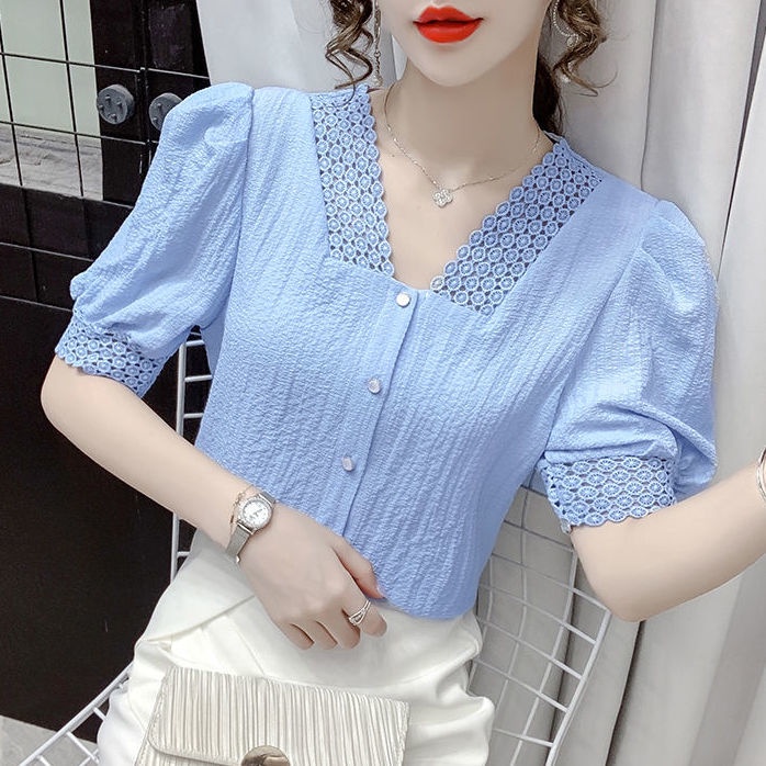 Áo Sơ Mi Chiffon Ngắn Tay Cổ Chữ V Phối Ren Phong Cách Pháp