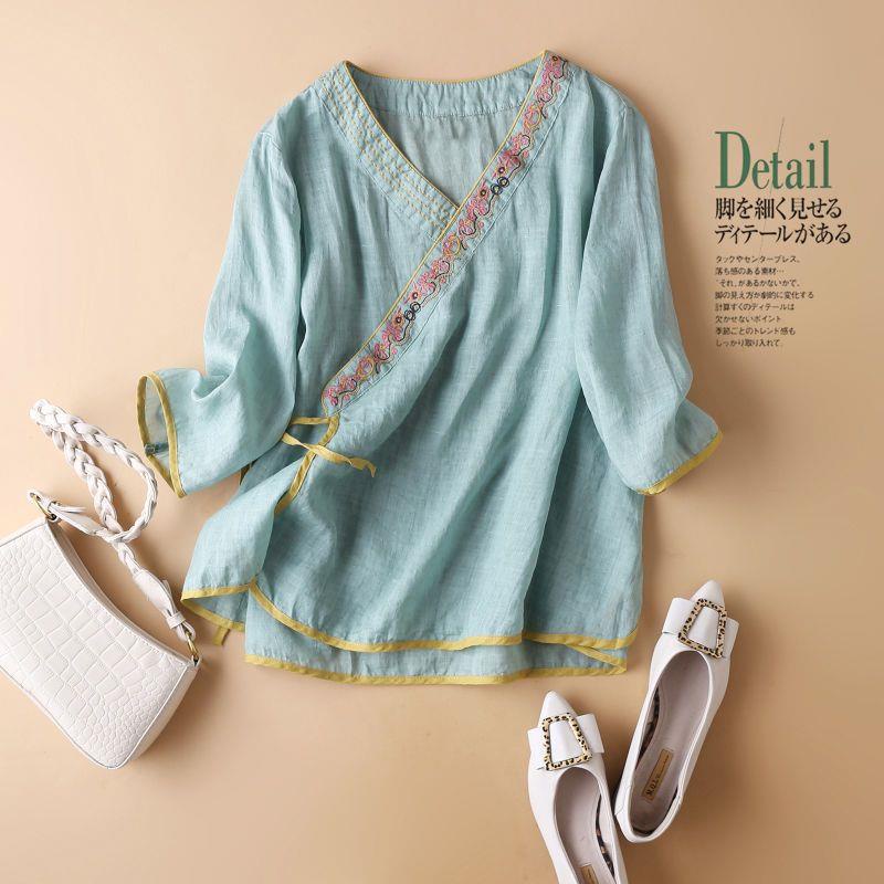 Áo Kiểu Vải Lanh cotton Tay Lỡ Cổ Chữ V Thêu Họa Tiết Phong Cách Trung Hoa Thời Trang Mùa Hè Mới Cho Nữ