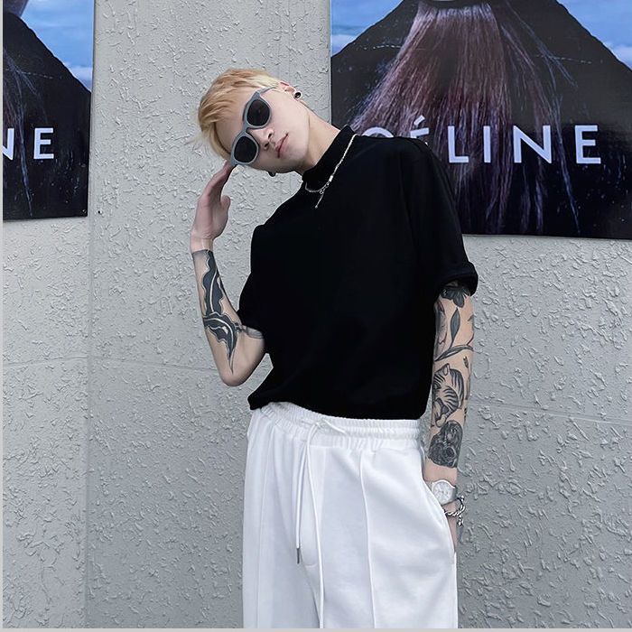 Áo phông nam ngắn tay S-2XL cao đường phố áo phông nam cộc tay cổ cao cảm giác băng tay lửng thương hiệu thời trang rộng rãi siêu hot instagram áo thời trang