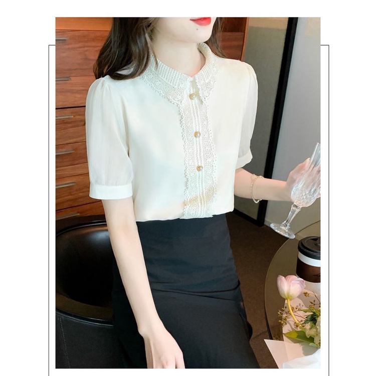 Áo Sơ Mi Chiffon Tay Ngắn Cổ Ren Màu Trơn Đơn Giản Thời Trang Mùa Hè Dành Cho Nữ