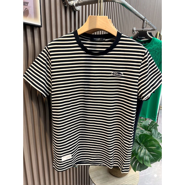 Áo Thun Cotton Ngắn Tay Kẻ Sọc Ngang Thêu Họa Tiết Thời Trang Mùa Hè Cho Nam