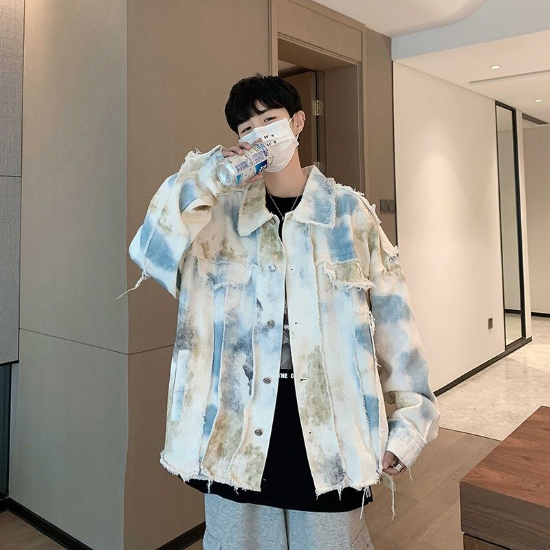 Áo khoác bò nhuộm cà vạt S-3XL cho nam áo khoác nam ăn mày làm cũ viền thô thường ngày thương hiệu sành điệu instagram rộng rãi phong cách Hồng Kông trào lưu phong cách Hàn Quốc cho nam