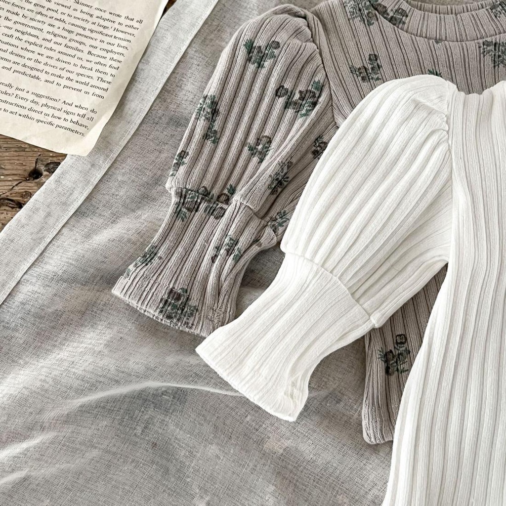 Áo Thun Tay Phồng In Họa Tiết Hoa Thời Trang Xuân Thu Hàn Quốc Cho Bé Gái