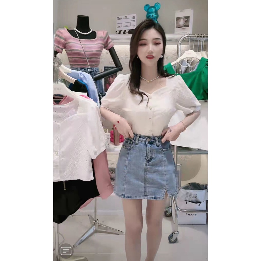 Áo Sơ Mi Tay Ngắn Cổ Vuông Phối Ren Thời Trang Mùa Hè Xinh Xắn Cho Nữ