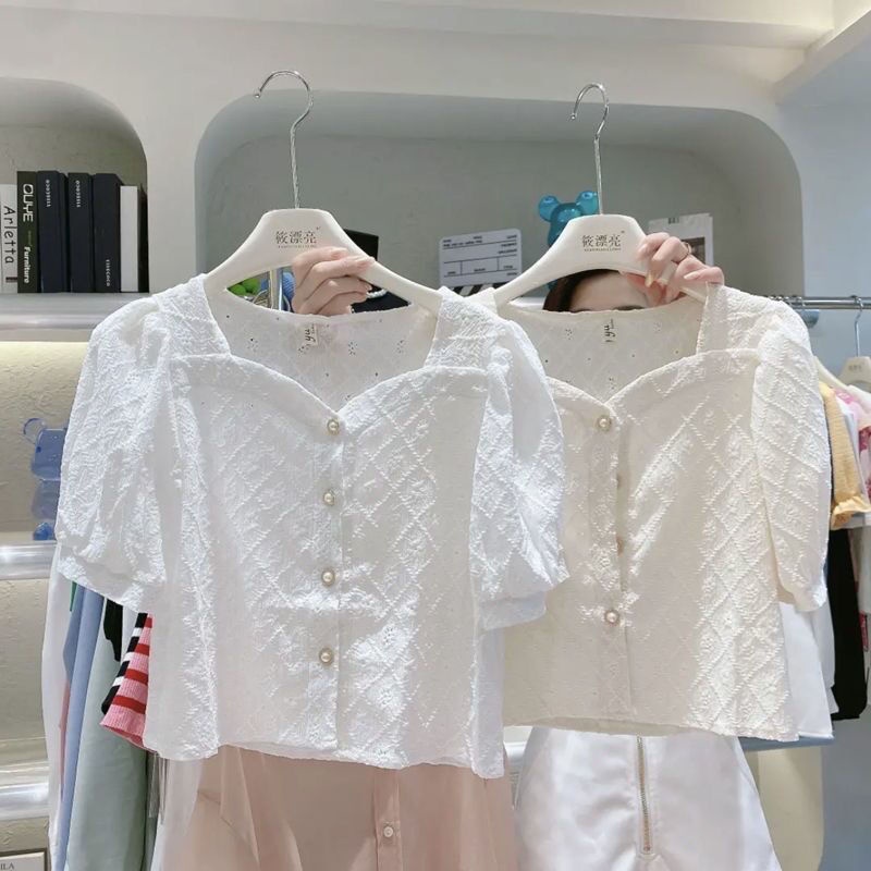Áo Sơ Mi Tay Ngắn Cổ Vuông Phối Ren Thời Trang Mùa Hè Xinh Xắn Cho Nữ