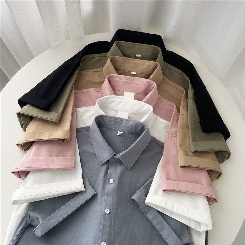 Áo Sơ Mi Tay Ngắn Dáng Rộng Màu Trơn Phong Cách Hàn Quốc Thời Trang Mùa Hè Mới Cho Nữ