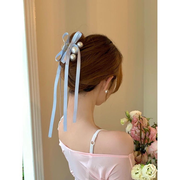 Kẹp Tóc Nơ Ruy Băng Đính Ngọc Trai Dễ Thương Cho Bé Gái