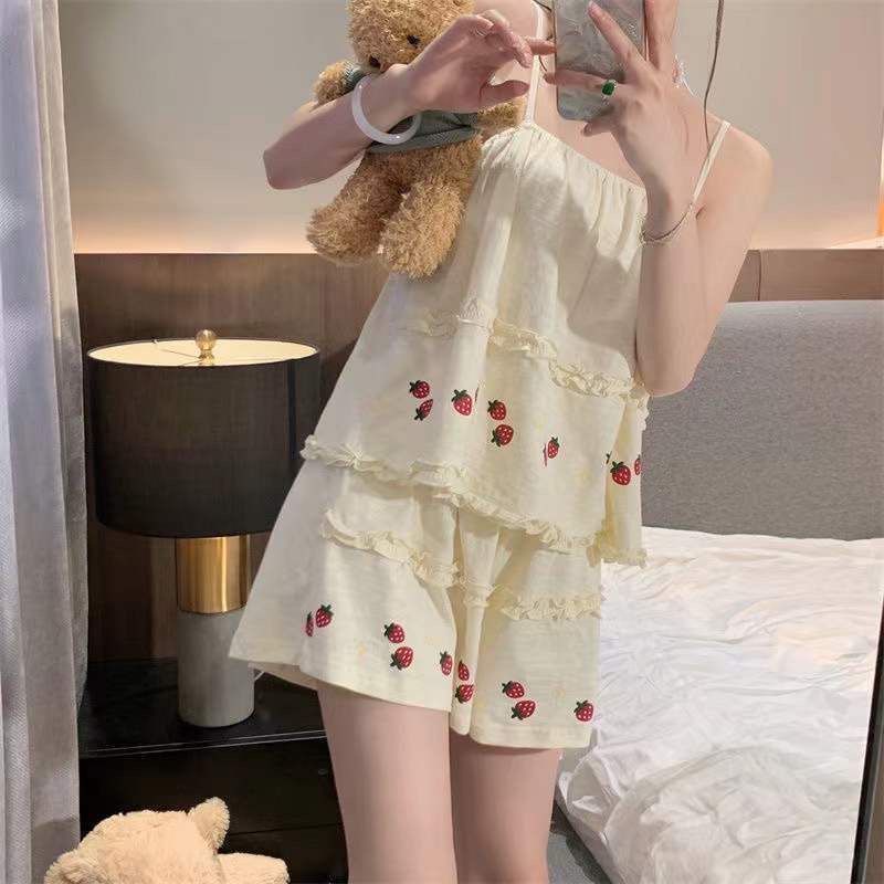 Bộ Đồ Ngủ Hai Dây Phối Ren Họa Tiết Dâu Tây Màu Trơn Thời Trang Mùa Hè Cho Nữ