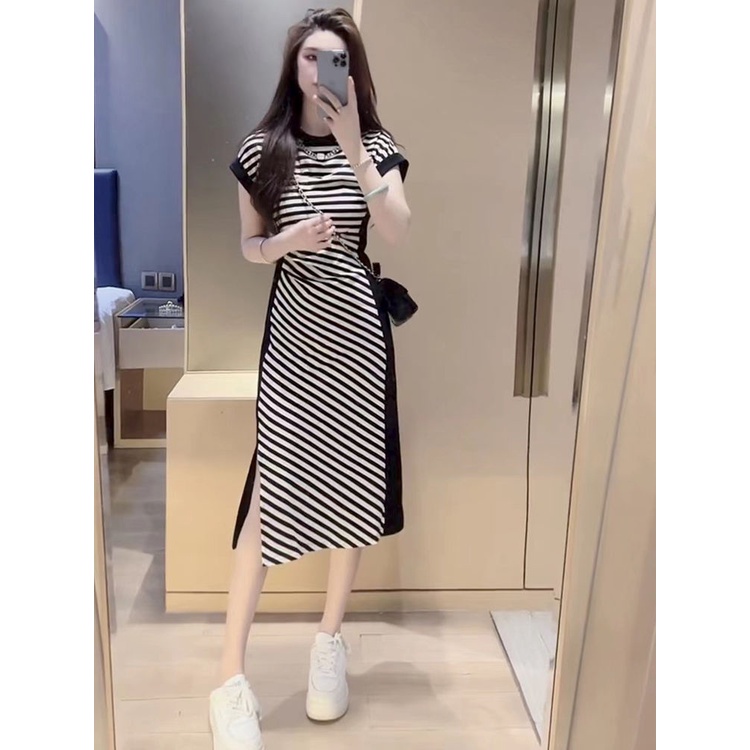 Đầm Cổ Tròn Kẻ Sọc Ngang Trắng Đen Phong Cách Pháp Thời Trang Mùa Hè Cho Nữ