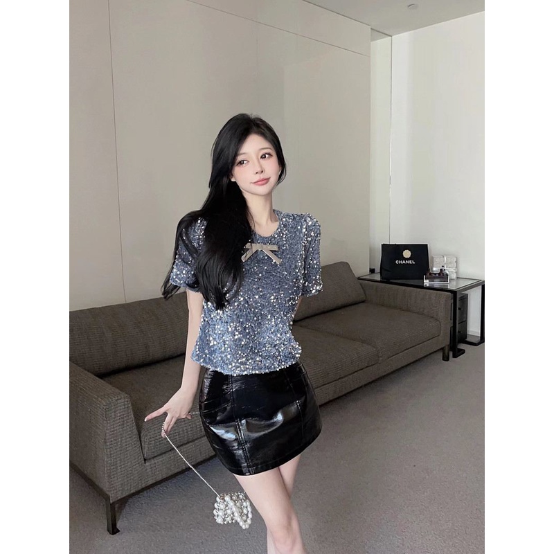 Áo Thun Ngắn Tay Dáng Rộng Màu Đen Đính Sequin Lấp Lánh Thời Trang Mùa Hè Cho Nữ