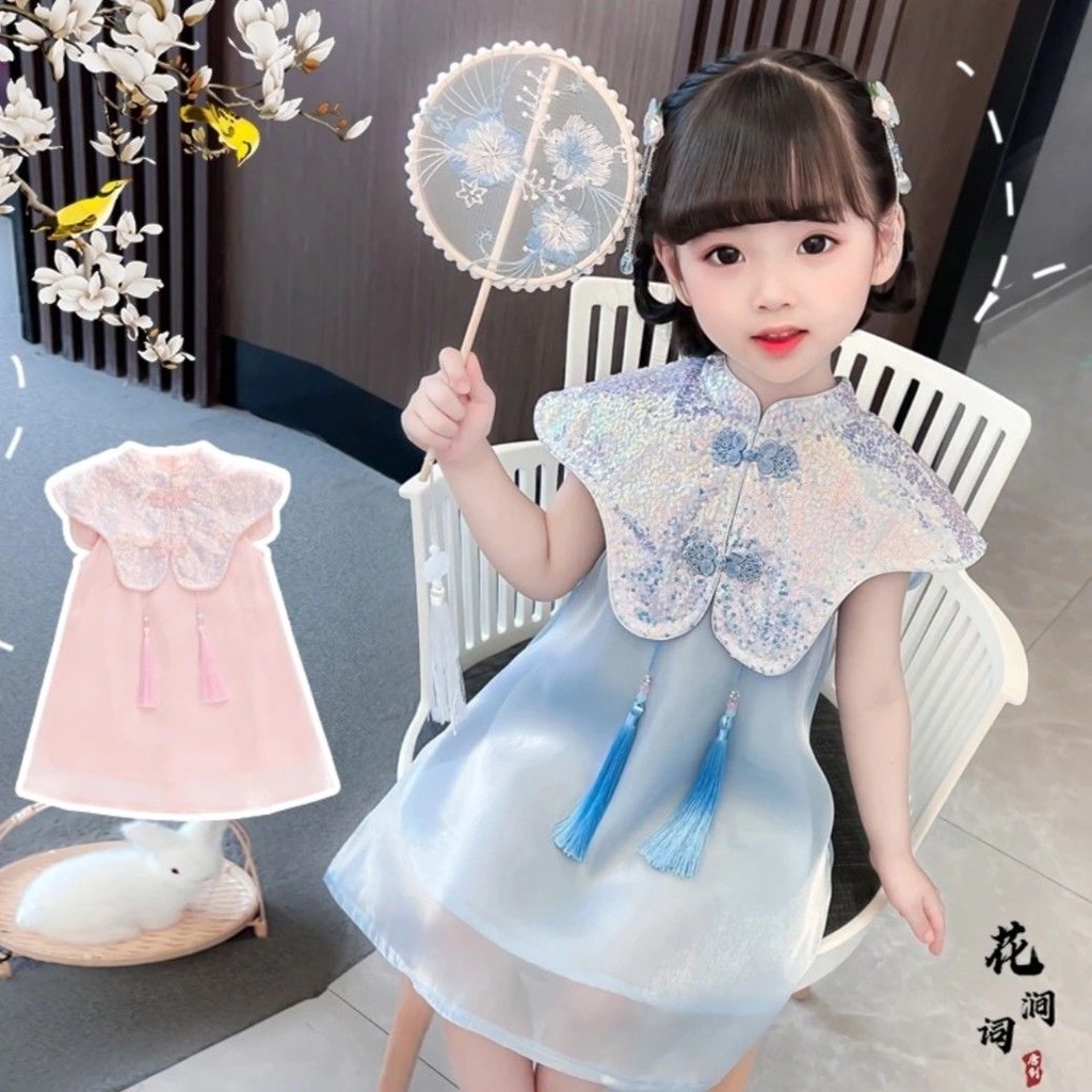 Đầm Sườn Xám Tay Ngắn Bằng Lụa Lạnh Thoáng Khí Thời Trang Mùa Hè Cho Bé Gái