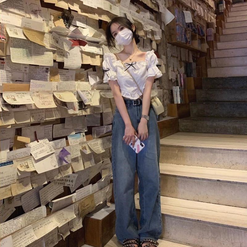 Jiashucheng Áo Kiểu Tay Ngắn Phồng Cổ Vuông Đính Nơ Phong Cách Pháp Ngọt Ngào Thời Trang Mùa Hè Cho Nữ