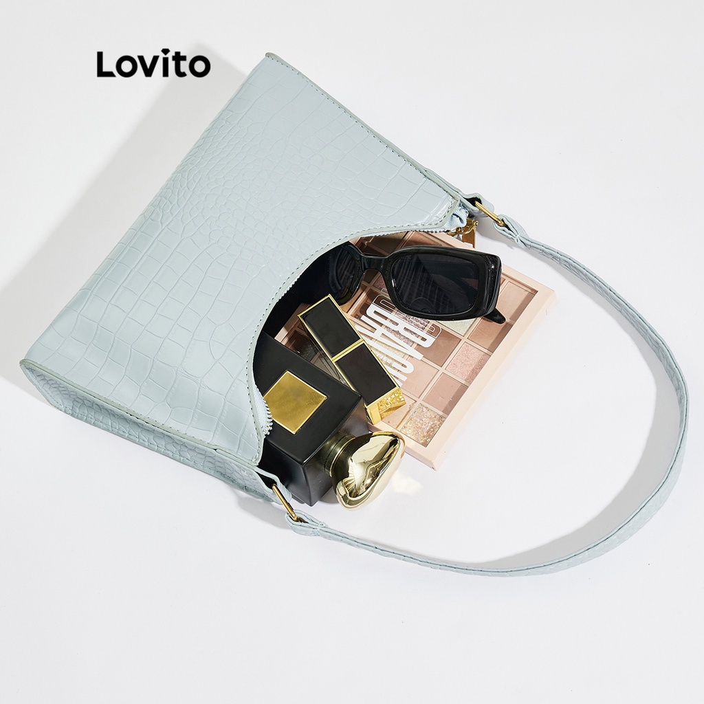 Túi đeo vai LOVITO nhỏ họa tiết tối giản nhẹ vân da cá sấu thanh lịch cho nữ (cà phê/ mơ/ xanh dương nhạt/ xanh lá)
