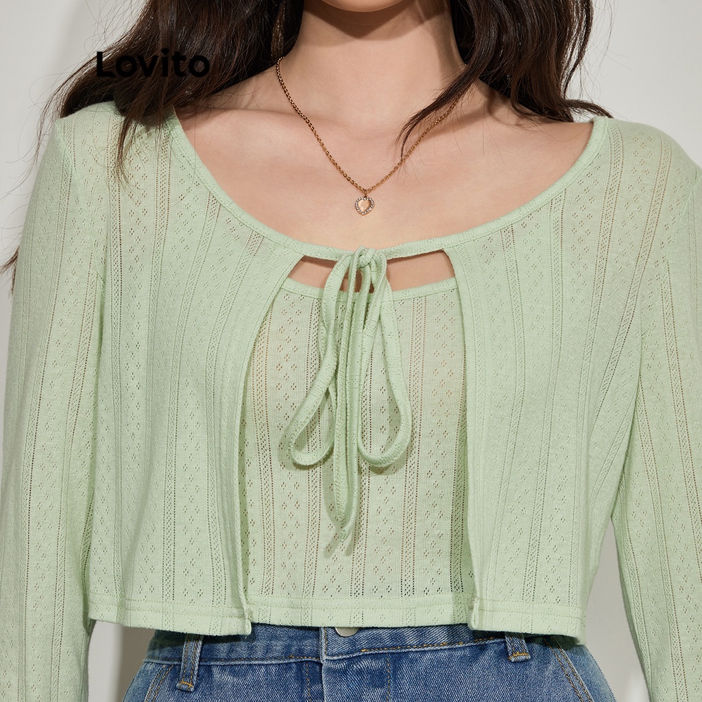 Set áo LOVITO cổ tròn tay dài đính nơ màu trơn thường ngày dành cho nữ L45ED028 (màu xanh lá)