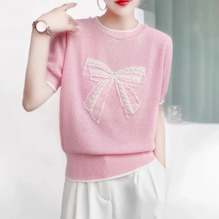 40-90KG Áo Sweater Dệt Kim Tay Ngắn Đính Nơ Nhỏ Thời Trang Xuân Hè 2023 Kiểu Mới Thanh Lịch Dành Cho Bạn Nữ