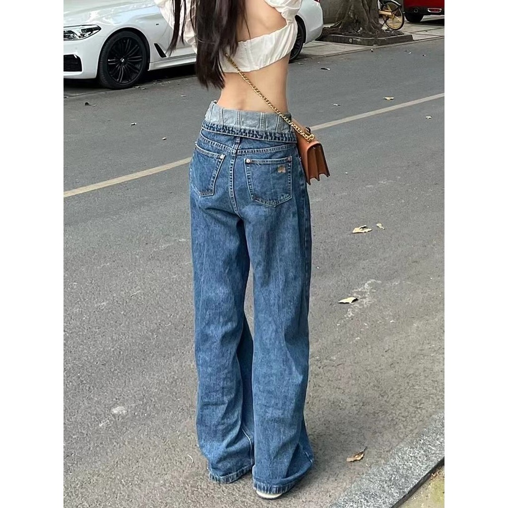 Jiashucheng Quần Jean Ống Rộng Dáng Suông Bạc Màu Phong Cách Retro Mỹ Cho Nữ