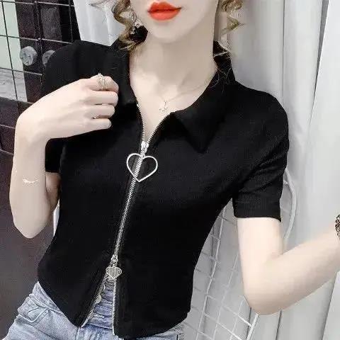 Áo Thun Tay Lửng Eo Cao Ôm Dáng Phối Khóa Kéo Thời Trang Mùa Hè 2023 Mới Cho Nữ