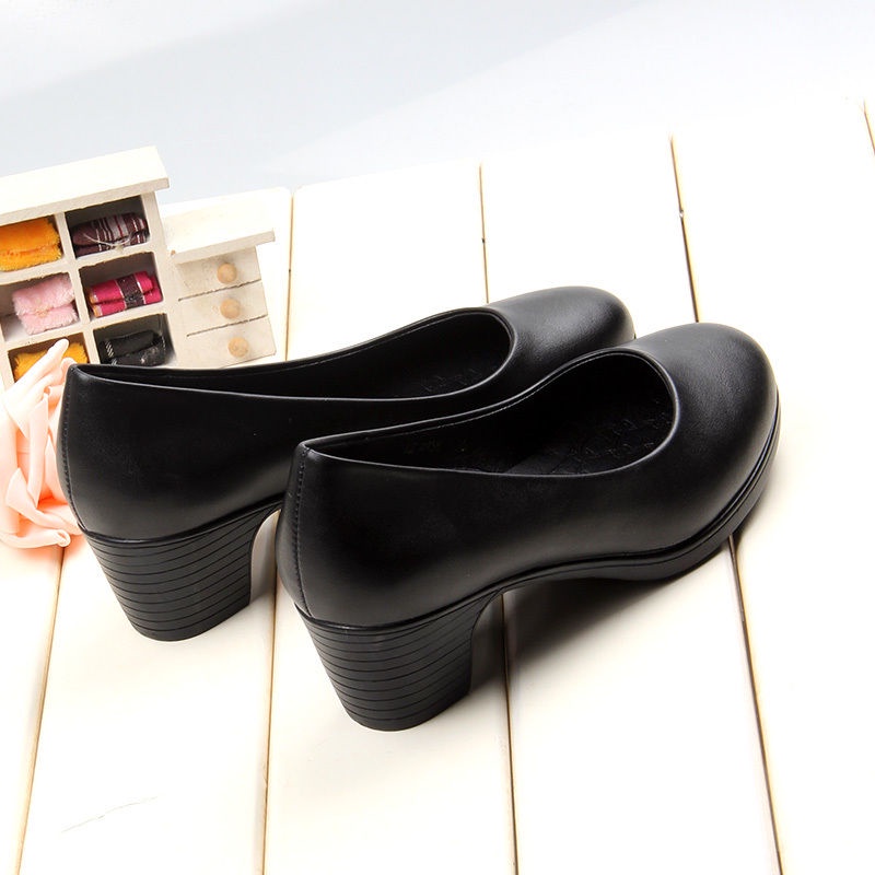 Giày cao gót chuyên nghiệp 35-41 giày da đế mềm gót vừa gót dày màu đen cho nữ giày công sở tiếp viên khách sạn mũi tròn miệng nông
