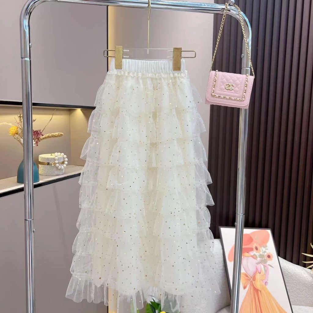 Set Áo Hở Vai Phối Bèo Nhún + Chân Váy Lưới Đính Kim Sa Thời Trang Mùa Hè Cho Nữ