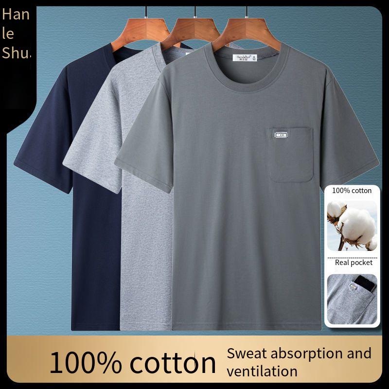 Áo phông ngắn tay nam trung niên và cao tuổi 100% cotton M-3XL áo thường ngày có túi rộng rãi