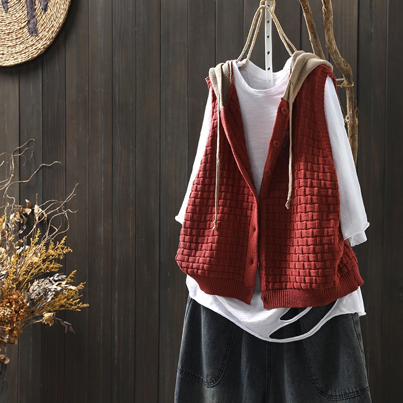 【kho sẵn sàng & COD】Áo Khoác Cardigan Dệt Kim 100% Cotton Không Tay Dáng Rộng Có Nón Cài Khóa Màu Sắc Retro Thời Trang Xuân Thu Dành Cho Nữ