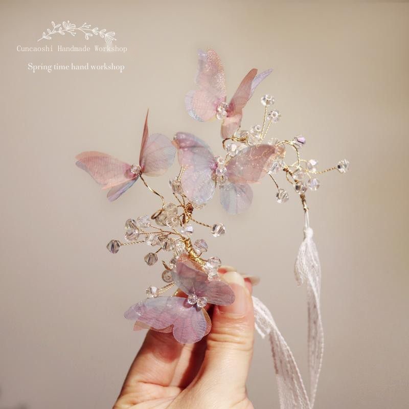 Vòng Đeo Tay Cô Dâu Đính Pha Lê Hình Hoa Bướm Màu Hồng / Xanh Dương Lấp Lánh