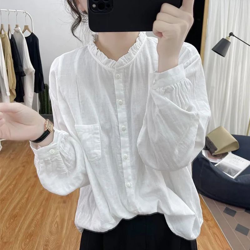 Áo Sơ Mi Cotton Lanh Mỏng Tay Dài Màu Trơn Dáng Rộng Thời Trang Xuân Thu 2023 Cho Nữ