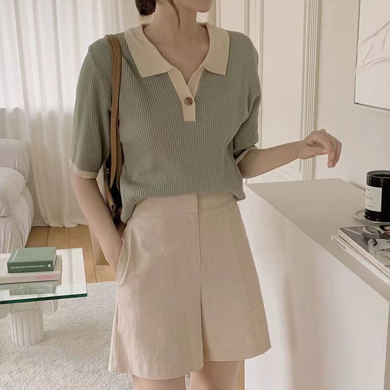 Áo Thun Lụa Lạnh Dệt Kim Mỏng Mùa Hè Tay Cộc Cổ polo Màu Xanh Bơ Có Khóa Cài Cho Nữ