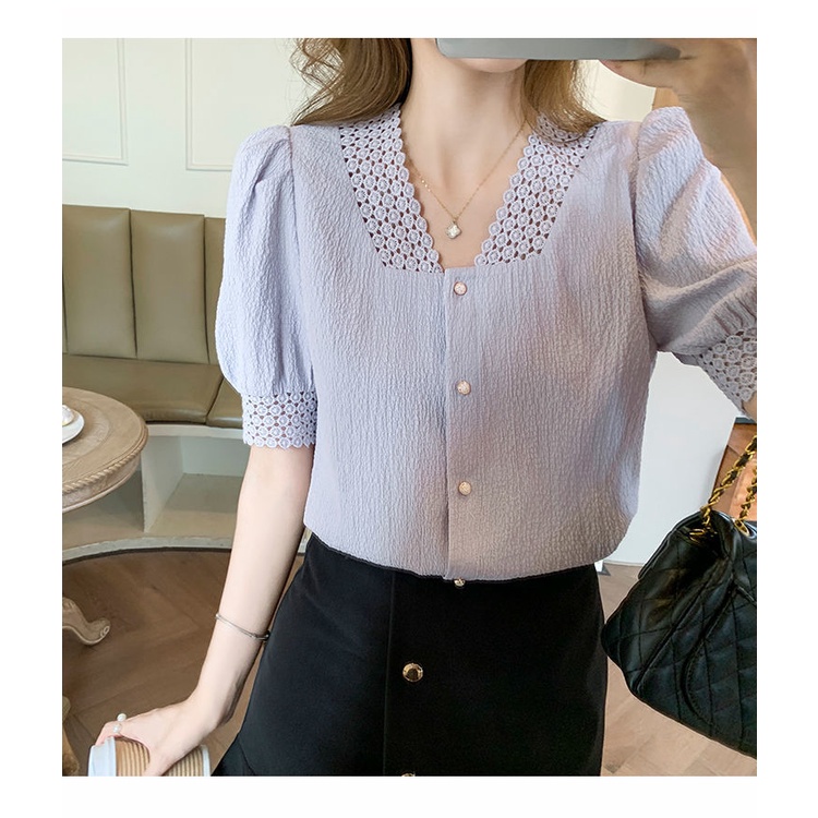 Áo Sơ Mi Chiffon Ngắn Tay Cổ Chữ V Phối Ren Phong Cách Pháp