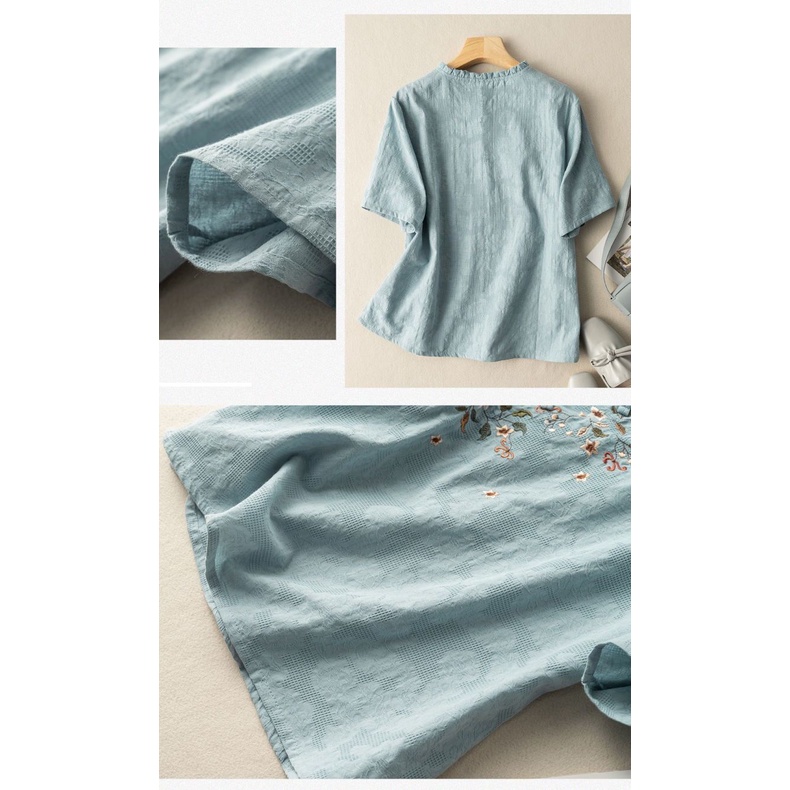 Áo Sơ Mi Vải Lanh Cotton Tay Ngắn Thêu Họa Tiết Phong Cách Trung Hoa Cổ Điển Thời Trang Mùa Hè Cho Nữ