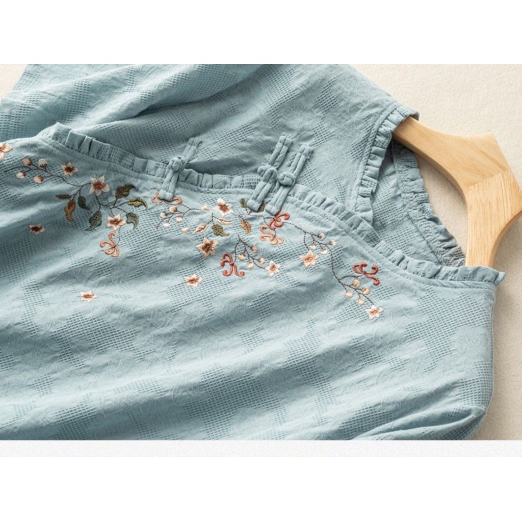 Áo Sơ Mi Vải Lanh Cotton Tay Ngắn Thêu Họa Tiết Phong Cách Trung Hoa Cổ Điển Thời Trang Mùa Hè Cho Nữ