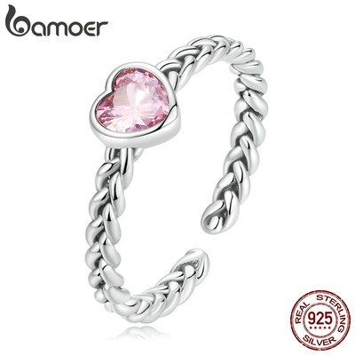 Nhẫn hở BAMOER bằng bạc 925 mặt hình trái tim thời trang cho nữ
