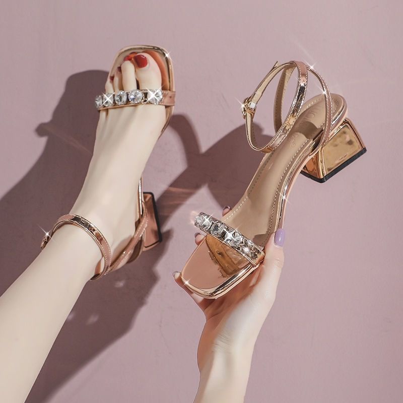 Xăng đan Size35-40 nữ giày cao gót phong cách tiên nữ dễ phối ren quai ngang khí chất rhinestone thời trang mẫu mới 2023