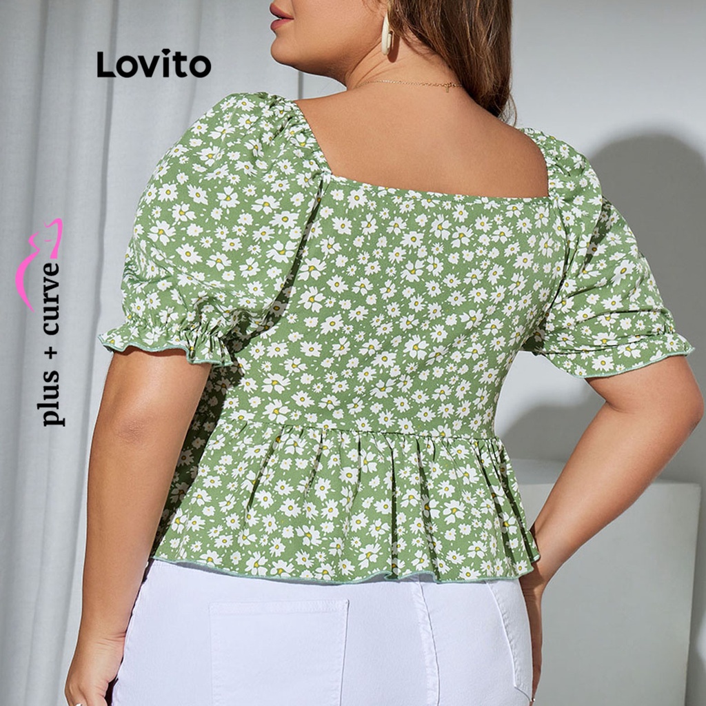 Lovito Big Size Áo Kiểu In Hoa Rút Dây Viền Bèo Nhún LPS05004 (Xanh Lá)